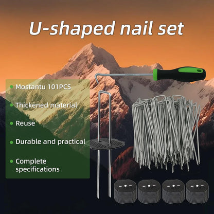 101Pcs 6 Inch 11 Gauge Garden Stakes Staples Kit, 50Pcs U-Shaped Landscape Staples and 50Pcs Fixing Gasket with 1Pc Pick Hook for Weed Barrier Fabric, Groud Cover, Holding Fence