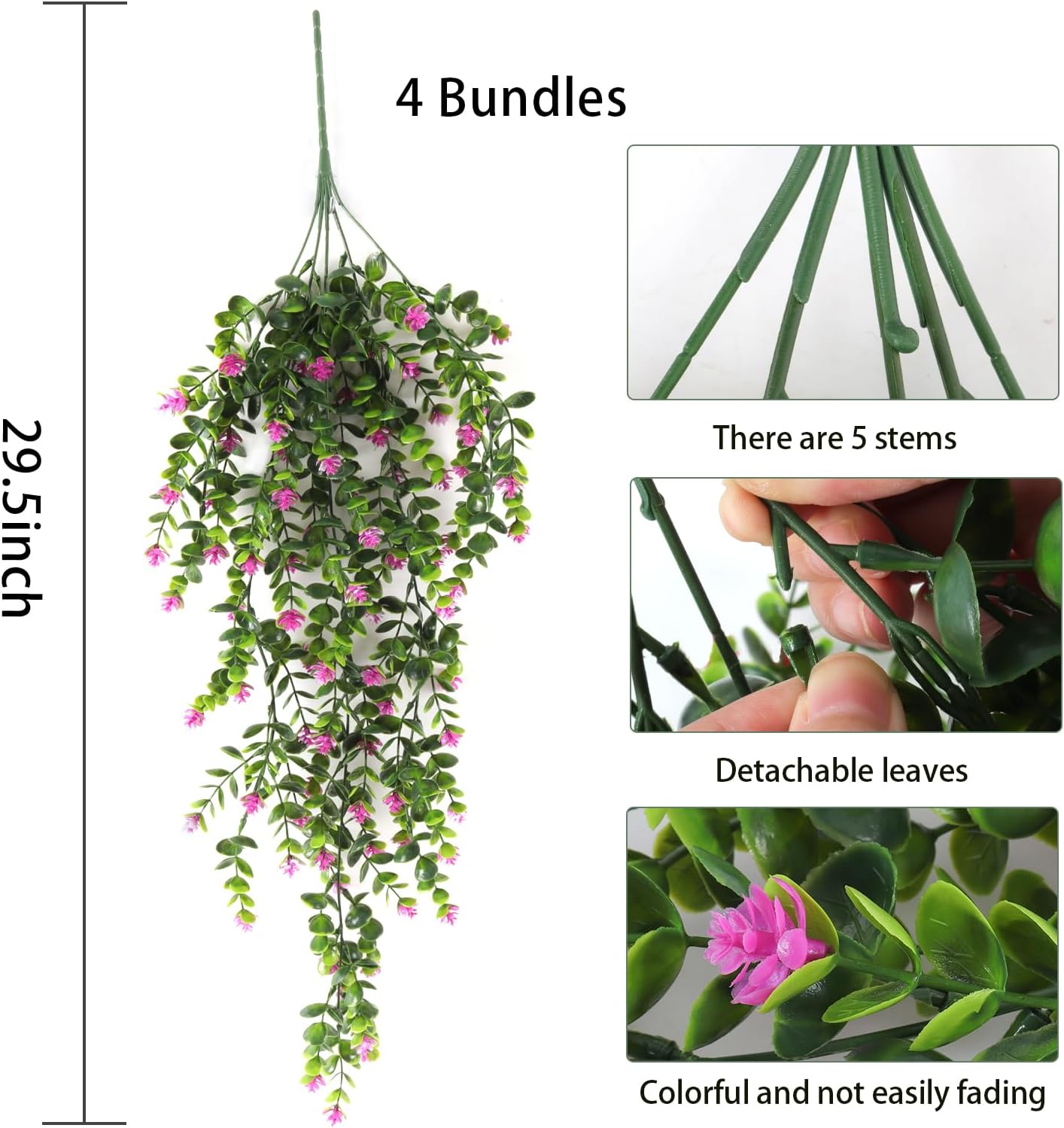 RECUTMS 4Pcs Fake Eucalyptus Leaves with Flowers Plastic Ivy Greenery Leaf Artificial Hanging Plants for Home Garden Wall Bedroom Office Wedding Decor Fuchsia