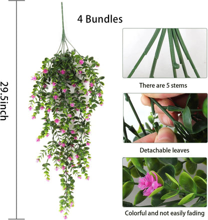RECUTMS 4Pcs Fake Eucalyptus Leaves with Flowers Plastic Ivy Greenery Leaf Artificial Hanging Plants for Home Garden Wall Bedroom Office Wedding Decor Fuchsia