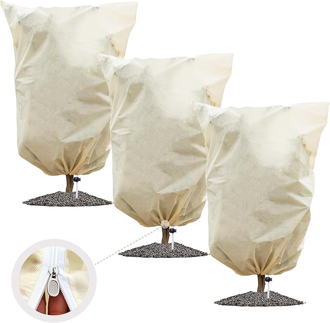 3 Packs Plant Covers Freeze Protection Jacket, 48" x 72", 2.2 oz Thick Frost Blankets for Outdoor Garden Plant Tree in Winter Cold Weather, Heavy Duty Reusable Frost Cloth Bags with Zipper Drawstring