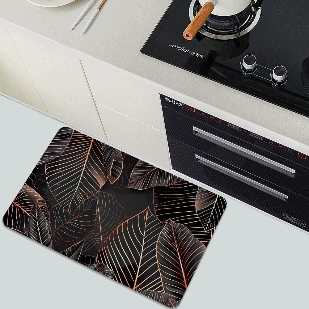 Bath Mat-Bathroom Rug，Black Rose Gold line Leaves-Absorbent Non Slip Quick Dry Stain Resistant Easy to Clean Care Shower Rug for Bathtub Shower Room 16×24Inch (40 * 60cm)