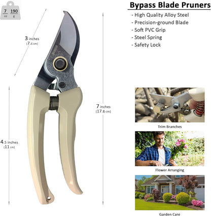 7" Small Pruning Shears Garden Shears - Premium Alloy Steel Bypass Pruner, Precision-ground Blades, Heavy Duty Gardening Tools, Ivory