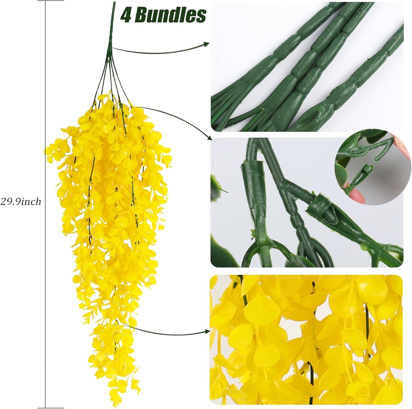 RECUTMS 4 Pack Artificial Hanging Plants Fake Eucalyptus Leaf Greenery Vine Plant UV Resistant Plastic Wall Decor for Ivy Patio Office Shelf Wedding (Pure Yellow)