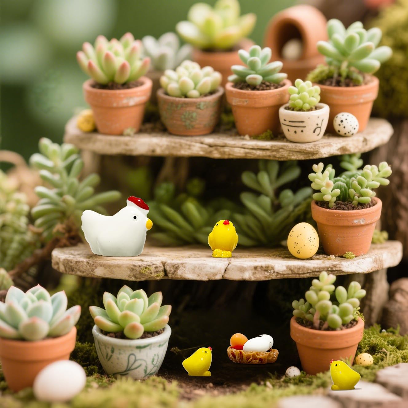 Tiny Chicken Family Scene Rooster, Hen, Chick, Egg, and Nest - Perfect for Fairy Garden or Miniature Displays