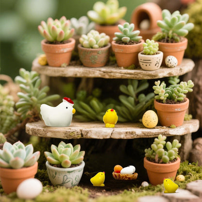 Tiny Chicken Family Scene Rooster, Hen, Chick, Egg, and Nest - Perfect for Fairy Garden or Miniature Displays