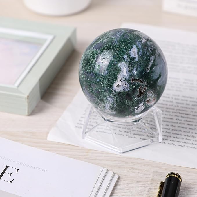 Natural Moss Agate Crystal Ball with Acrylic Display Base, 71-80mm Polished Stone Feng Shui Crystal Sphere Meditation Decoration for Home & Office