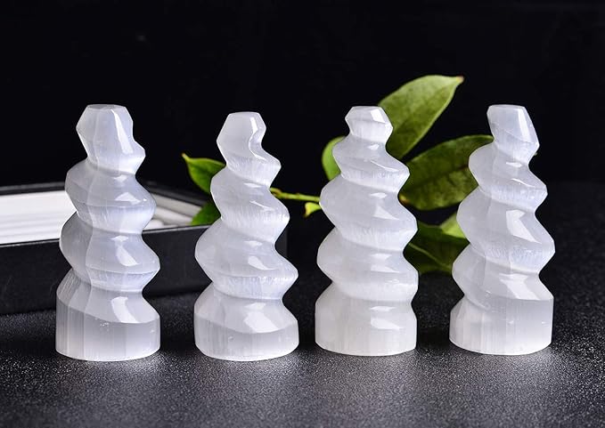JIC Gem 4 pcs Selenite Tower Spiral Crystal Skyscraper 4" Tall White Healing Stones Home Decoration