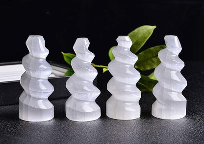 JIC Gem 4 pcs Selenite Tower Spiral Crystal Skyscraper 4" Tall White Healing Stones Home Decoration
