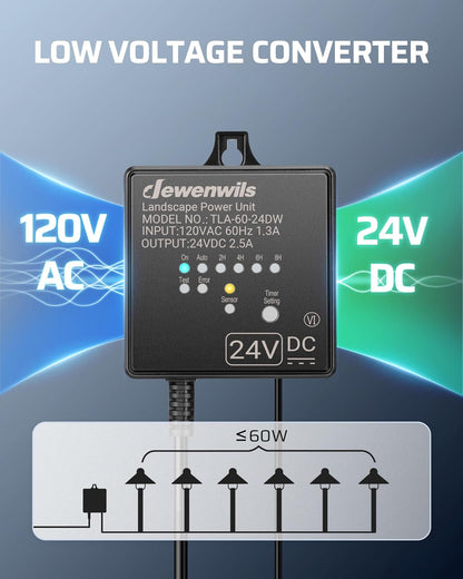 DEWENWILS Low Voltage Landscape Transformer, 60W 120V AC to 24V DC, Landscape Lighting Transformer with Timer & Photocell Sensor, Outdoor Weatherproof for LED Lights, Spotlights, Pathway Lights