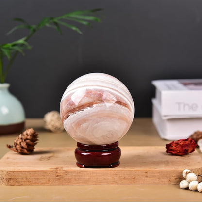 JIC Gem Large Pink Crystal Sphere with Stand Agate Crystal Ball Gemstone Decorative Ball for Home Decor Altar Reiki Healing Gift 80-90mm