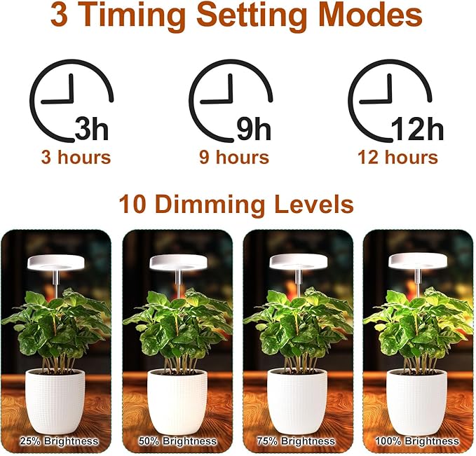 Grow Lights for Indoor Plants Small Potted - Full Spectrum, Auto 3/9/12H Timer, 10-Level Dimming & Adjustable Height - Compact Grow Light for Succulents, Herbs, Foliage in Home/Office (White,1PACK)