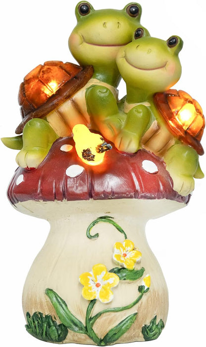Garden Statues Turtles Outdoor Decor, Resin Turtles Figurines Lights Sculptures with Solar Light, Lovely Turtle with Mushroom for Garden Patio Yard