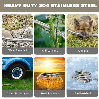 Omont Metal Garden Hose 50FT, Heavy Duty 304 Stainless Steel Water Hoses with Nozzle, Flexible