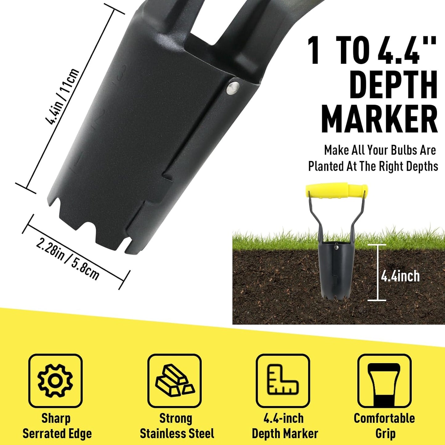 Jardineer Small Bulb Planter Tool– Compact Stainless Steel Transplanter for Bulbs, Seedlings & Flowers – Ergonomic Handle with Depth Markings – Silver & Black– Durable Garden Planting Tool