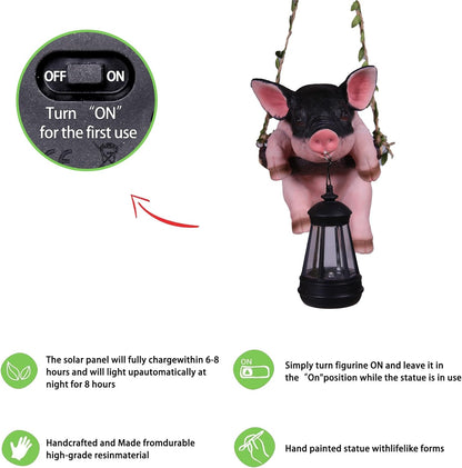 Hanging Pig Garden Lantern, Solar Light Holder, Outdoor Decorative Animal Statue with Rope