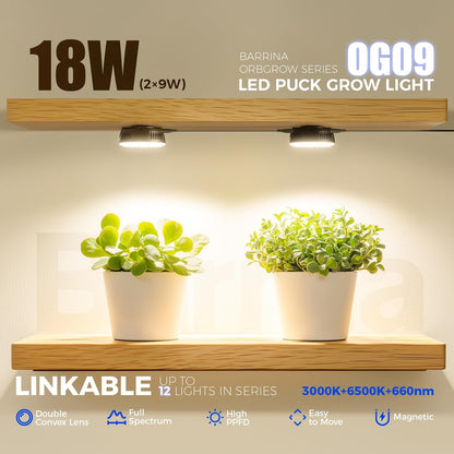 Barrina Orbgrow OG09 Puck LED Grow Light with 660nm Red LEDs, 18W(2 x 9W, 270 Watt Equiv), Plant Lights for Indoor Plants Full Spectrum, Magnetic & Linkable, Small Grow lamp, Seeding, 2 Packs, Black