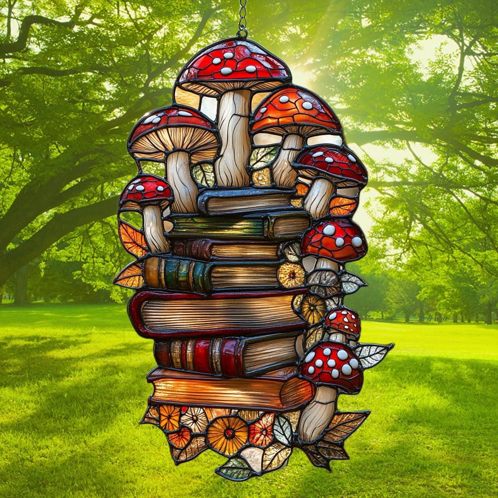 Forest Mushroom Books Acrylic Suncatcher Stained Glass Effect Window Car Hanging Christmas Ornament Indoor Outdoor Decor Garden Sun Catcher Panel for Book Lover for Women Mom Grandma
