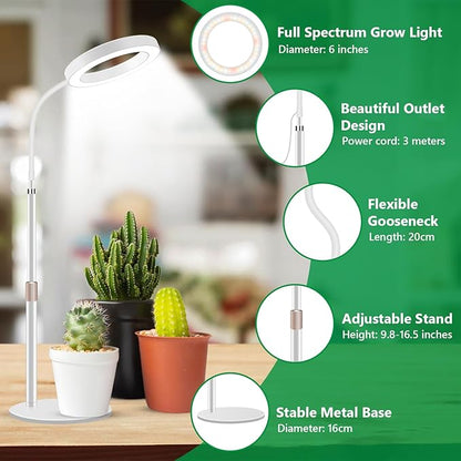 Grow Lights for Indoor Plants, 80 LED Full Spectrum Desk Plant Light for Growing Small Plant, Height Adjustable 24.5" Halo Grow Lamp with Base, 6/12/16H Timer, 3 Light Modes, 5 Dimming