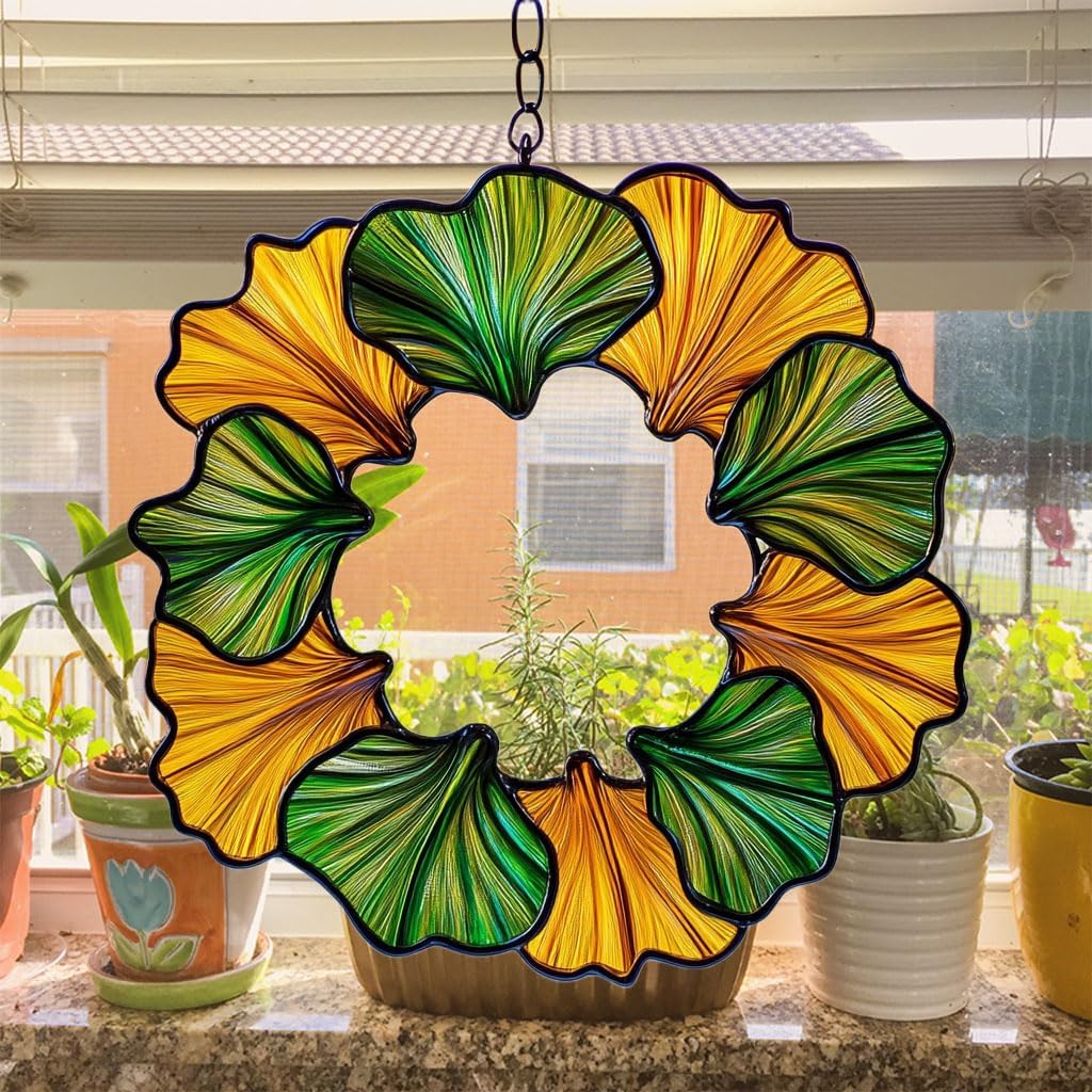 Ginkgo Wreath Acrylic Suncatcher Stained Glass Effect Window Car Hanging Christmas Ornament Indoor Outdoor Decor Garden Sun Catcher Panel for Acrylic Suncatcher Lover for Women Mom Grandma