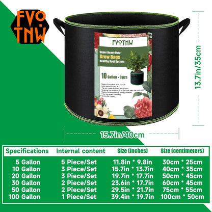 3-Pack 10 Gallon Plant Grow Bags, Thickened Nonwoven Fabric Pots with Handles,Durable Garden Planters Aeration Gardening Container to for Plants, Vegetables, and Flowers
