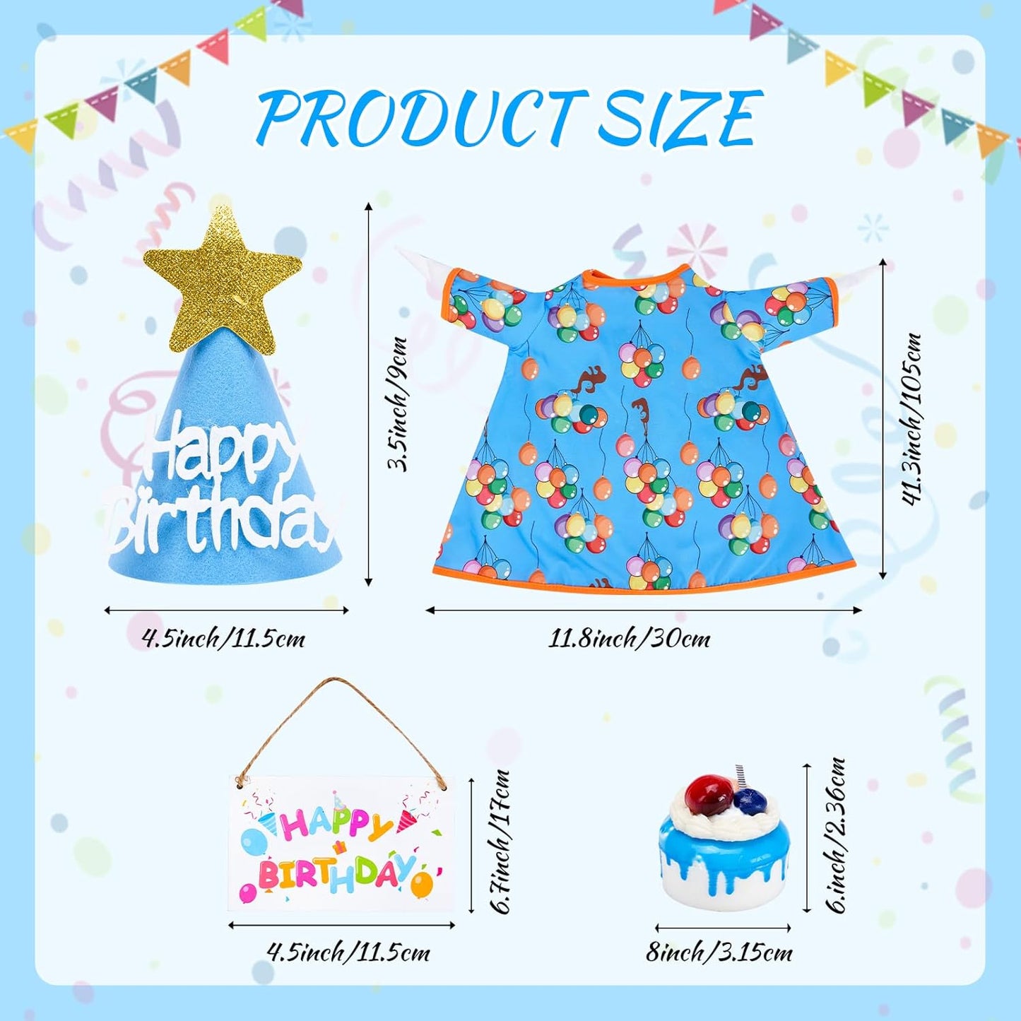 4PCS Porch Goose Birthday Outfit - Happy Birthday Goose Clothes for 23'' High Cement or Plastic Lawn Goose, Goose Dress with Hat and Sign, Garden Silly Porch Duck Costum Blue