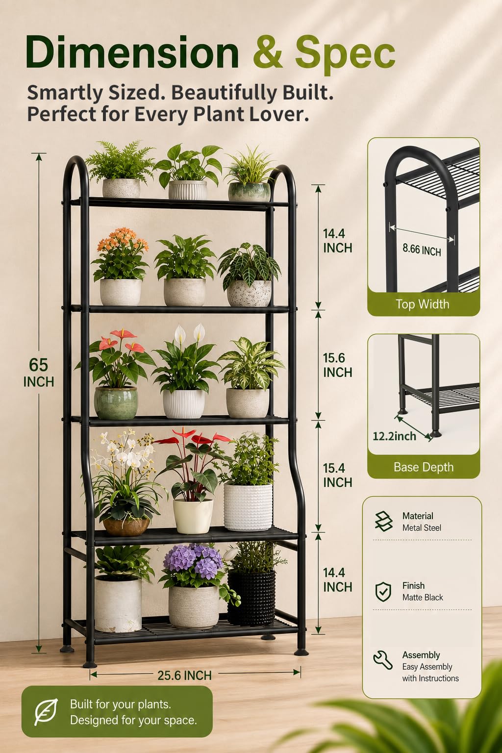 Yutrchey 5-Tier Metal Plant Stand - Heavy Duty Indoor Outdoor Flower Shelf for Multiple Pots, 65"