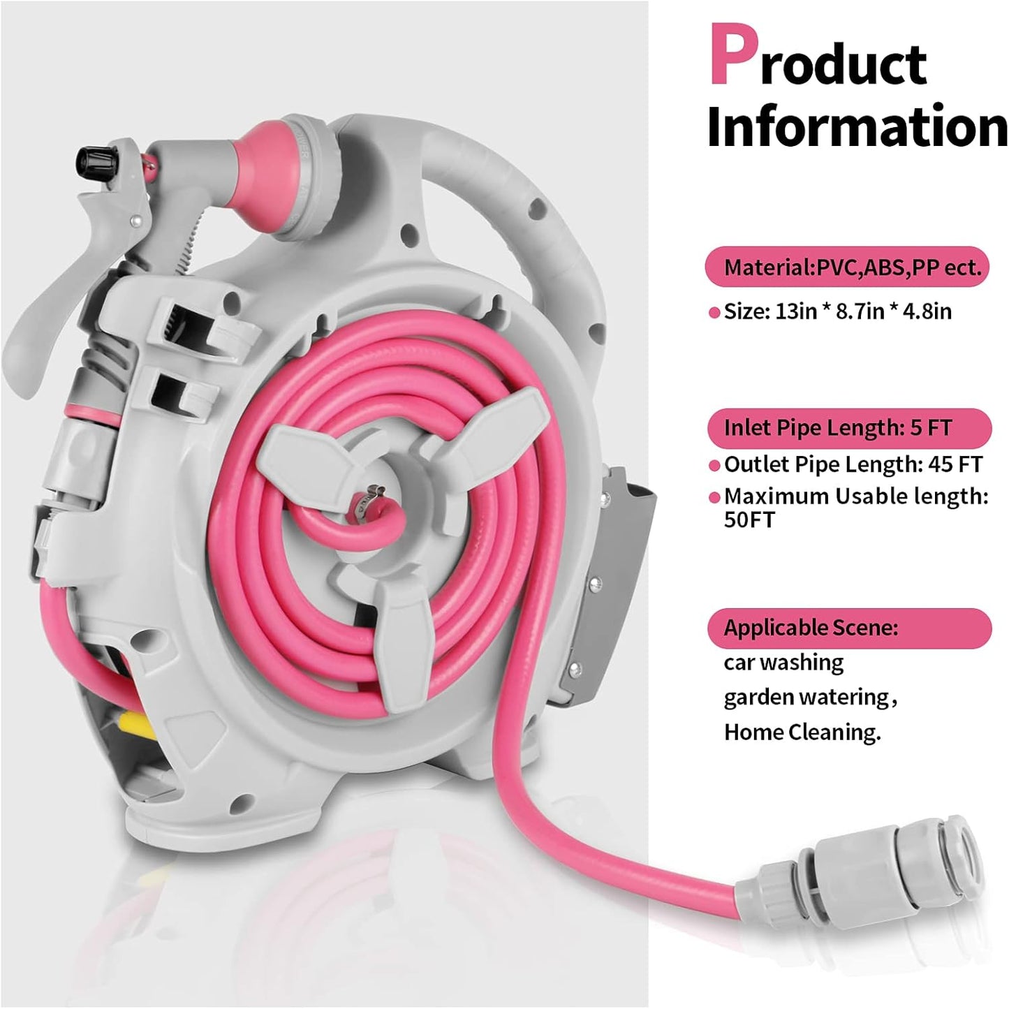 Kitness Mini Retractable Garden Hose Reel, Portable Simple Home 45+5 FT Hose Reel with 7 Adjustable Patterns Spray Nozzle&Standard Connector, Watering Hose Reel for Gardens Yards and lawns (Rose red)