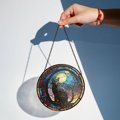 7.8" Dark Cat and Moon Stained Glass Suncatchers Art Glass Cats for Indoor for Pet Animal Nature Floral Lovers Women Grandma Mom Friend Painted Panel Décor PET-02D-SG8