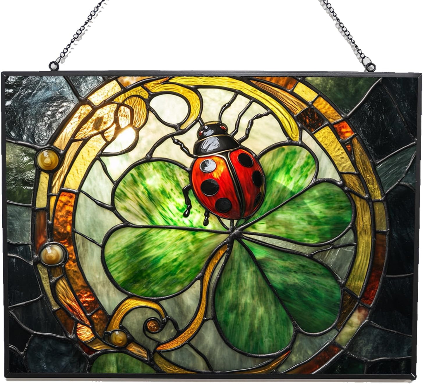 Personalized Rectangle Art Nouveau Ladybug On Clover Suncatcher Stained Glass Window Hangings Sun Catchers Colorful Ornament Gifts for Women Mom Wife Halloween Christmas Housewarming
