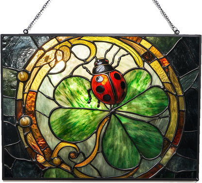 Personalized Rectangle Art Nouveau Ladybug On Clover Suncatcher Stained Glass Window Hangings Sun Catchers Colorful Ornament Gifts for Women Mom Wife Halloween Christmas Housewarming