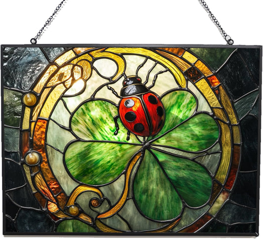 Personalized Rectangle Art Nouveau Ladybug On Clover Suncatcher Stained Glass Window Hangings Sun