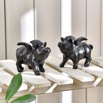 Sungmor Whimsical Cast Iron Flying Pig Statue, 2pcs Rustic Black Cute Little Piggy Paperweight, Garden Collection Figurine Home Office Desk Ornament, Indoor Outdoor Animal Statues