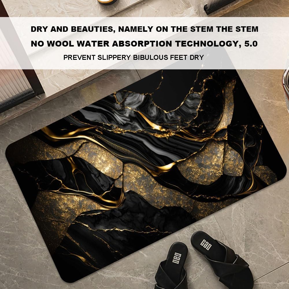 Bath Mat-Bathroom Rug，Black and Metallic Gold Marble-Absorbent Non Slip Quick Dry Stain Resistant Easy to Clean Care Shower Rug for Bathtub Shower Room 17×27.5Inch (43 * 70cm)