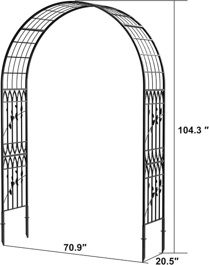Jardineer Leaf-Patterned Garden Arch Trellis, 70.9W x 104.3H x 20.5D inch, Metal Garden Arbor with Decorative Leaf Design, Rustproof with Extended Thick Ground Stakes (Black)