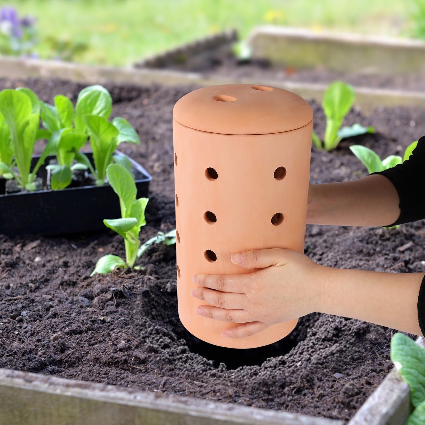 Underground Worm Farm 10 * 4.13 * 4.13Inch Garden Composting bin Ceramics Outdoor Gardening Compost Bin with Holes and Lid Clay for Vegetable Backyard Compost Bin Outdoor