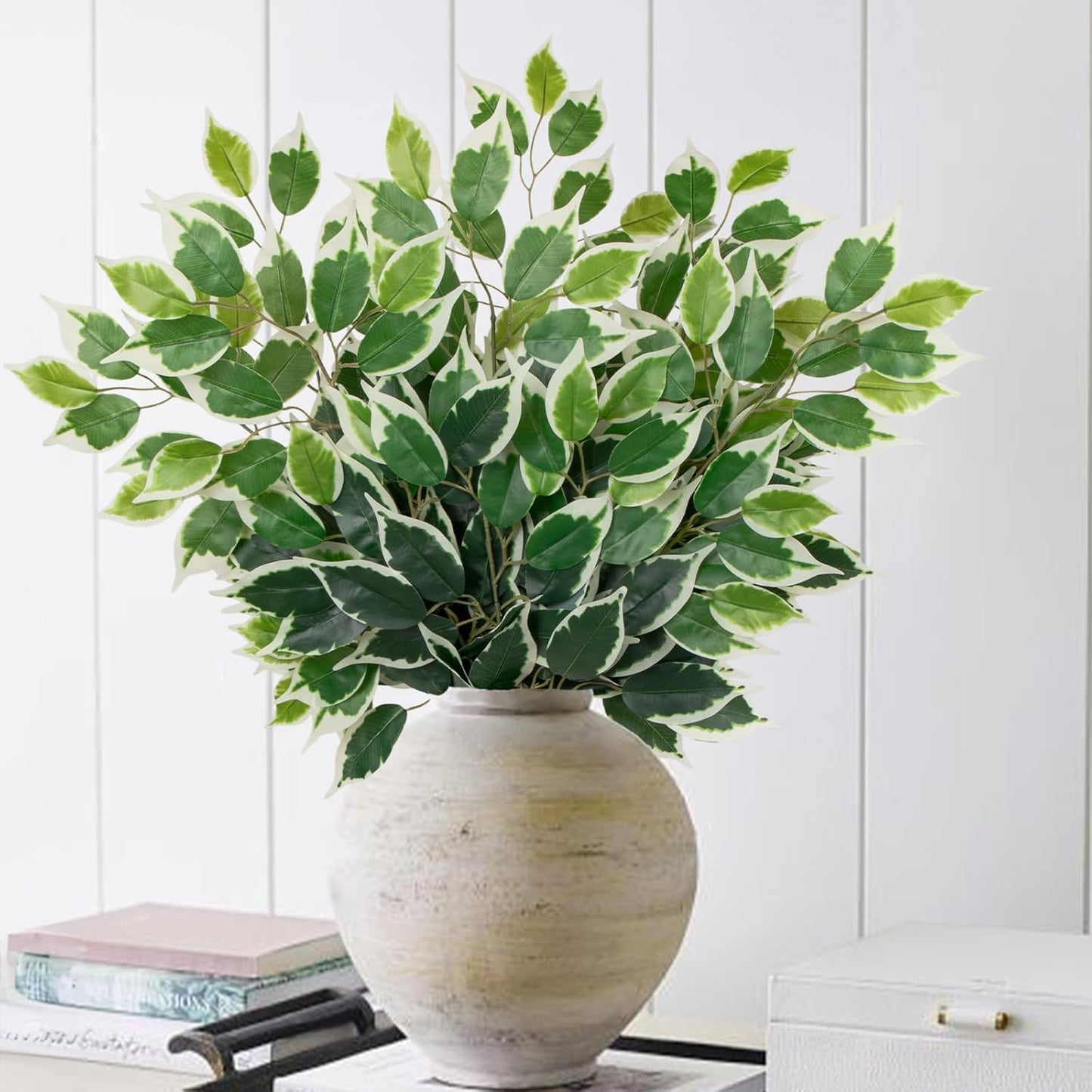 24PCS Ficus Leaves Artificial Branches - 24" Faux Ficus Greenery Tree Branches - Fake Leaves Sprays for DIY Arch Wedding Wall Decor - Green & White