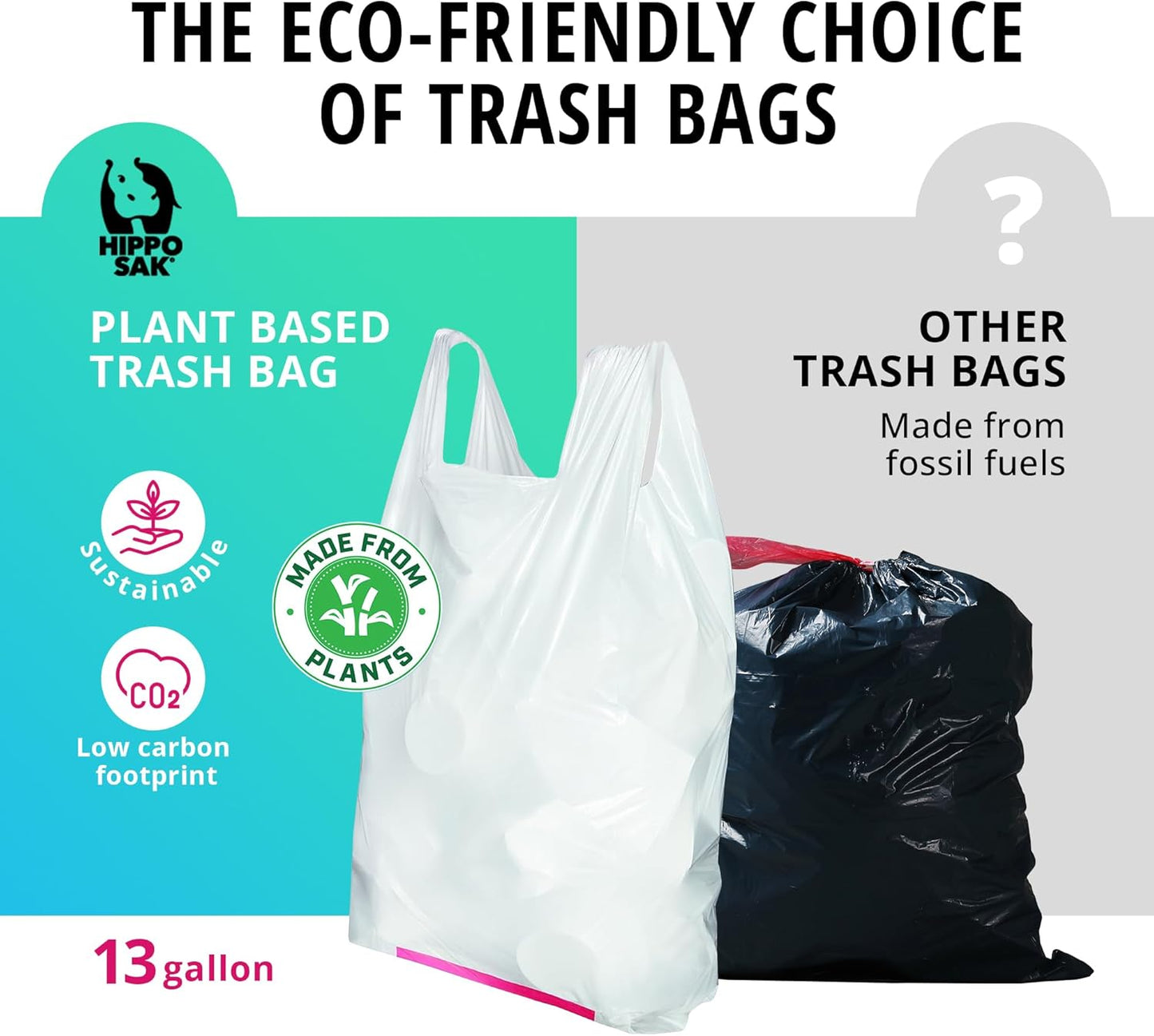 Hippo Sak - Plant Based Tall Kitchen Garbage Bags with Ergonomic Handles - 13 Gallon Trash Bags - Recyclable & Eco Friendly - Super Strong and Leak Proof Tall Kitchen Trash Bags (90 Count)