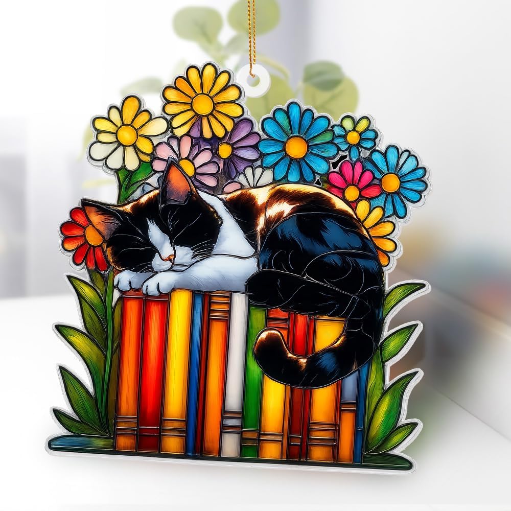 Cat Book Ornament – Stained Glass Style Acrylic Christmas Ornament, Book Lover Gifts for Women, Teacher & Librarian Holiday Decorations, Bookworm Fantasy Ornament for Reading Nook or Tree(Sun-16)