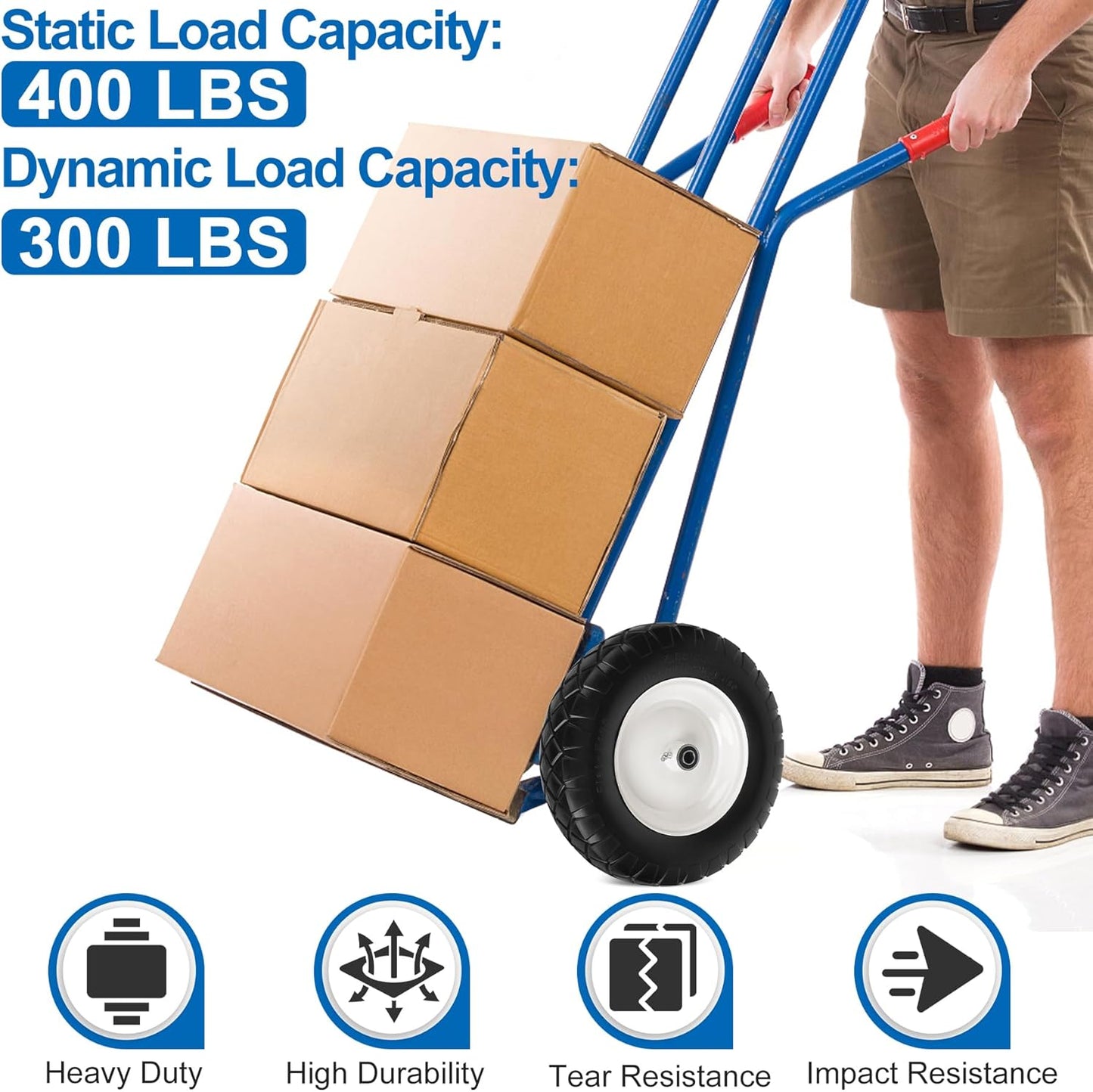 4.80/4.00-8" Flat Free Wheelbarrow Tires and Wheels, 16" Universal Fit Solid Tires with 5/8" or 3/4" Bearing, 3"-7" Hub, Adapter Kit Hand Truck Wheels Replacement for Garden Trailer, Wagons, 2 PCS