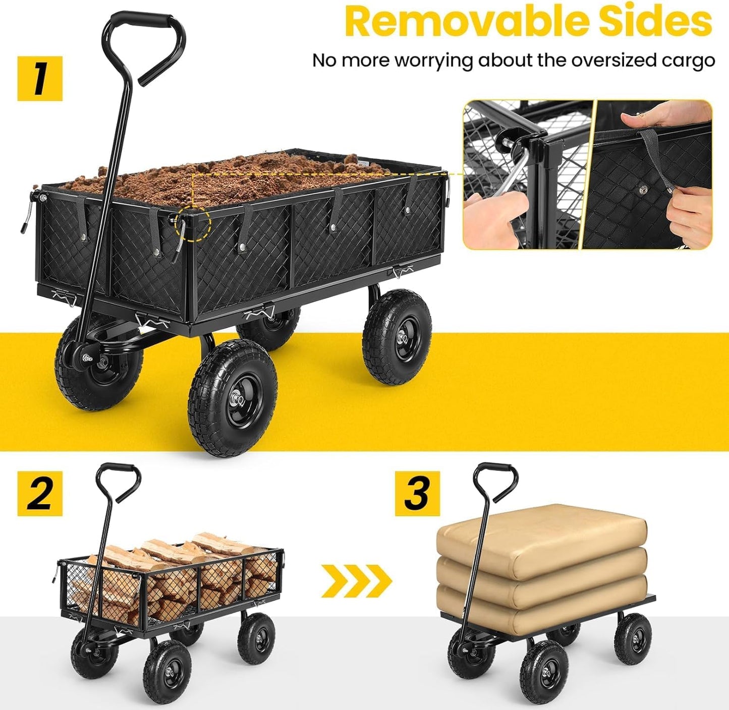 Garden Cart, Heavy Duty 880 Lbs Capacity Mesh Steel Garden Cart with Removable Sides to Convert into Flatbed, Utility Metal Wagon with 180° Rotating Handle and 10 in Tires, Black