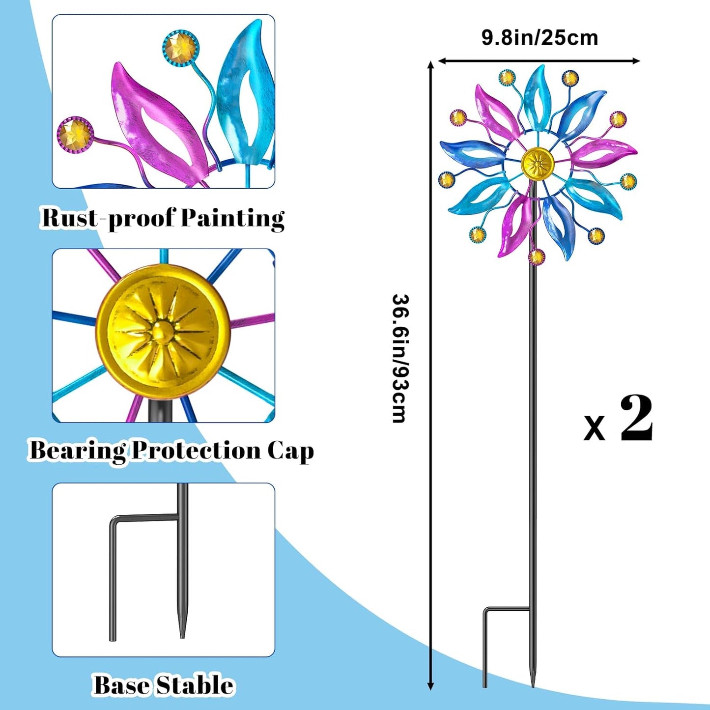 2PCS Metal Wind Spinner Outdoor, Windmill Garden Decorations, Kinetic Wind Spinners Colorful Wind Sculpture Yard Art for Garden Patio Lawn Decor (2PC Single Turn B)