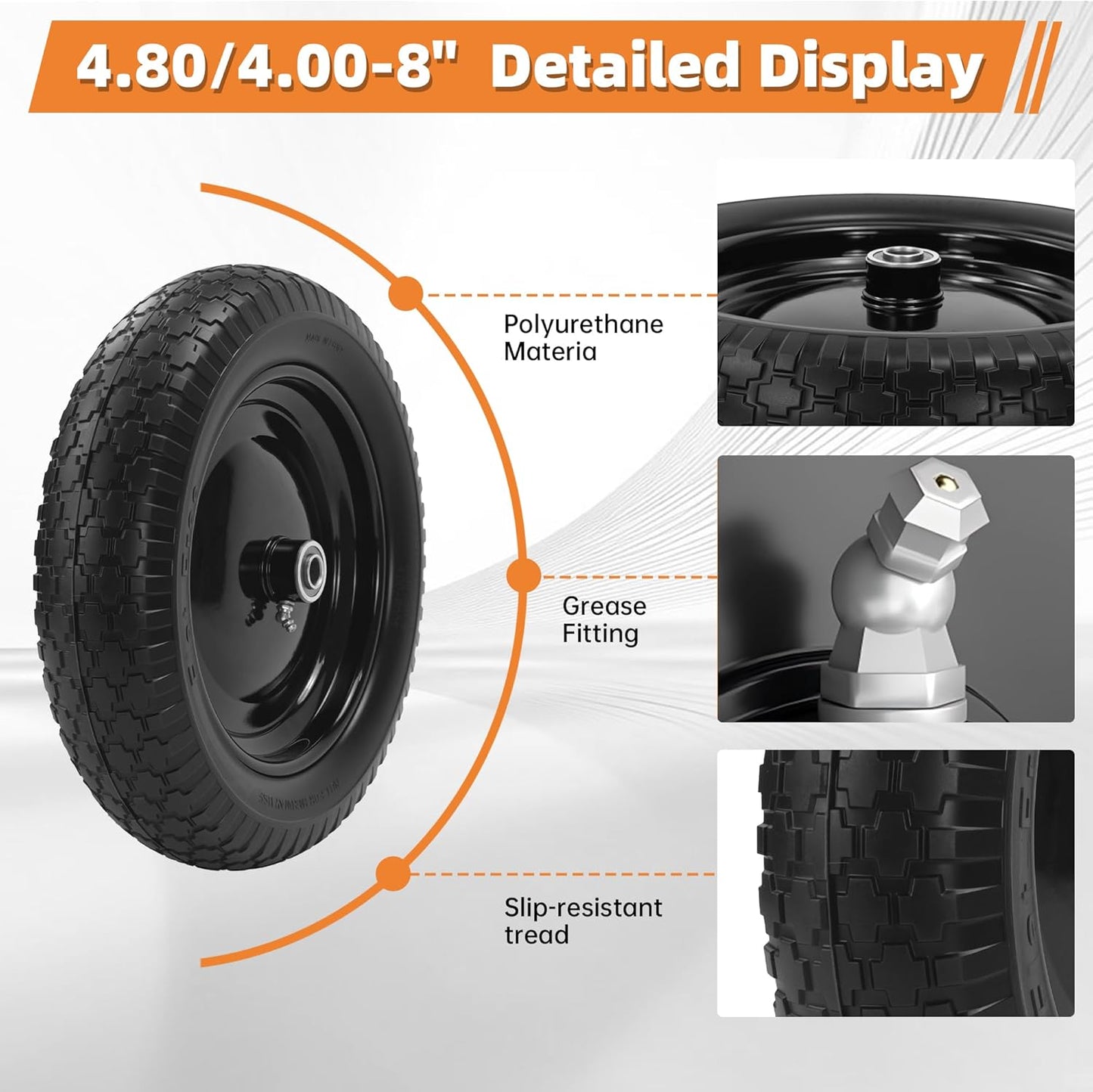 2PC 14.5" Wheelbarrow Tires, 4.80/4.00-8" Flat-Free Tire and Wheel, 5/8" Bearings, Extra 3/4" Bearing, Adjustable Center Hub for 3 to 7", Fits 4.80-8, 4.00-6, 3.50/2.50-8 Wheels, Maximum Load 300 lbs.