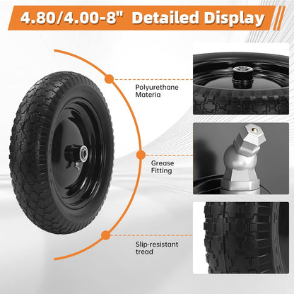 2PC 14.5" Wheelbarrow Tires, 4.80/4.00-8" Flat-Free Tire and Wheel, 5/8" Bearings, Extra 3/4" Bearing, Adjustable Center Hub for 3 to 7", Fits 4.80-8, 4.00-6, 3.50/2.50-8 Wheels, Maximum Load 300 lbs.
