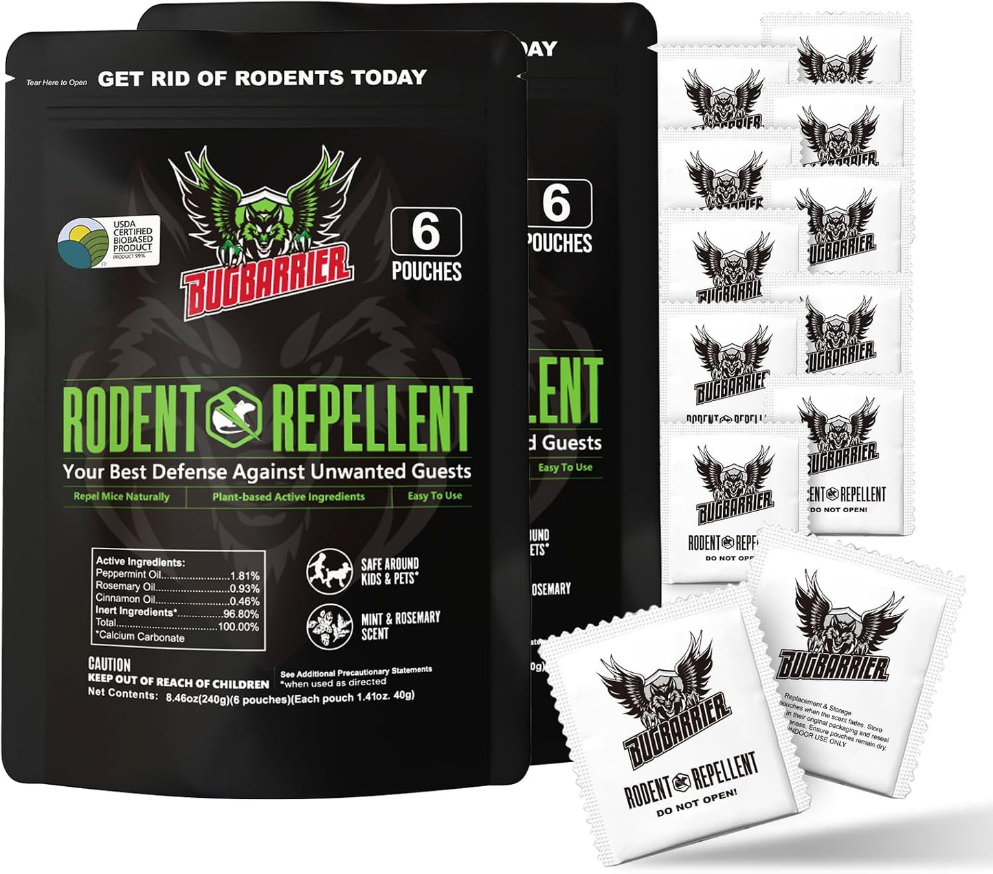 BugBarrier's Extra-Strength Mouse Repellent Deterrent Pouches, USDA 99% Biobased, Peppermint & Rosemary Oils Repel Mice Nesting in Car, RV, Boat, Garage, Shed, Cabin Made in The USA (Pack of 12)