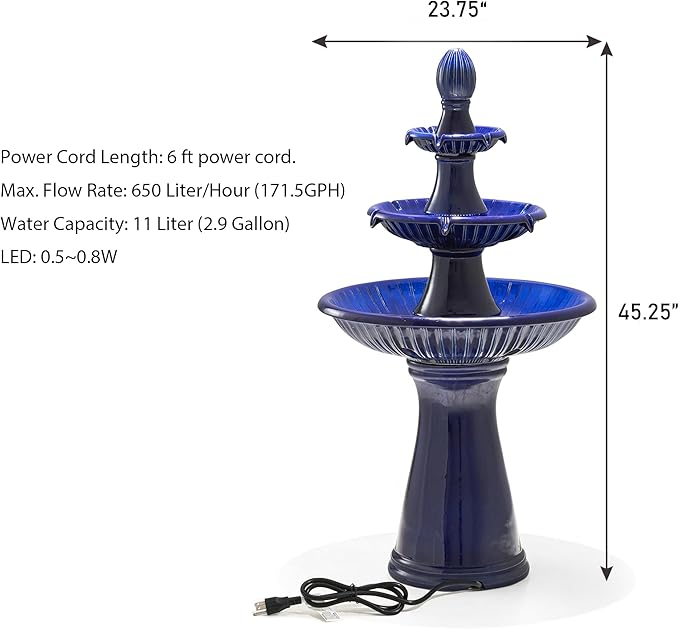 Glitzhome Water Fountain Outdoor Floor-Stand Fountain with LED Light & Pump Oversized 3 Tier Ceramic Cobalt Blue Patio Fountains and Waterfalls Outdoor Yard Fountains for Lawn Garden Backyard