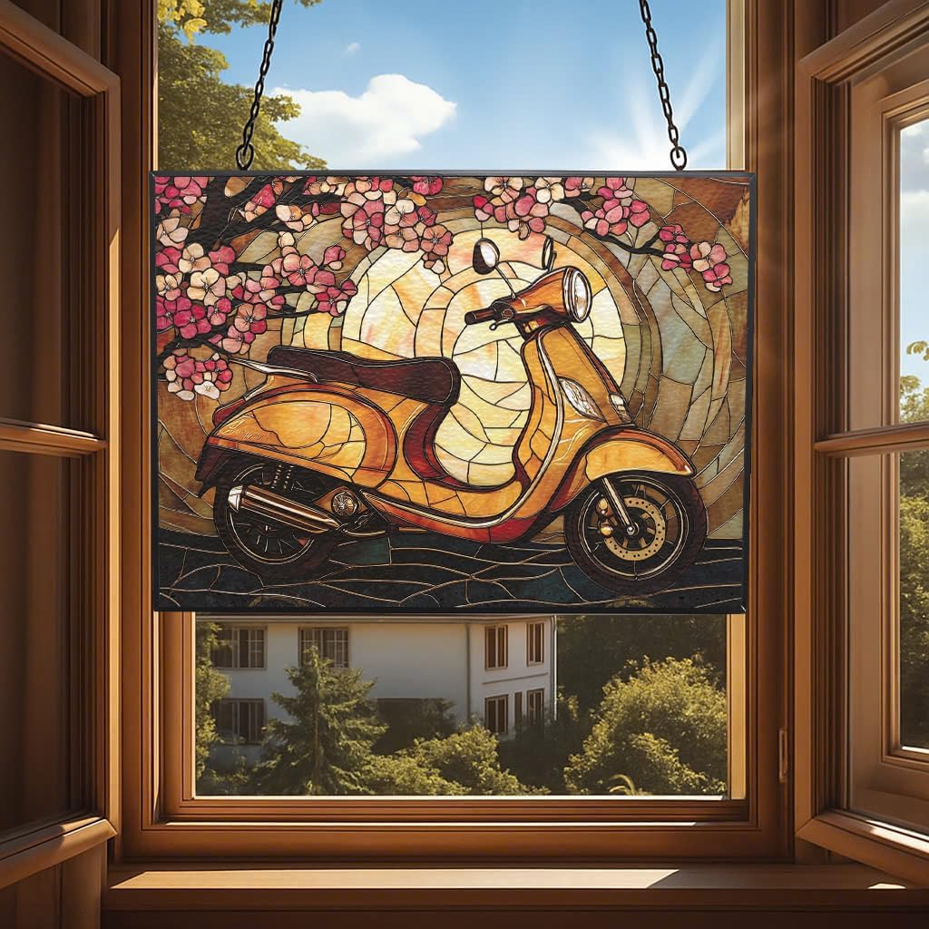 Customized Rectangle Art Nouveau Cherry Scooter Suncatcher Stained Glass Window Hangings Sun Catchers Colorful Ornament Gifts for Women Mom Wife Christmas Halloween Housewarming