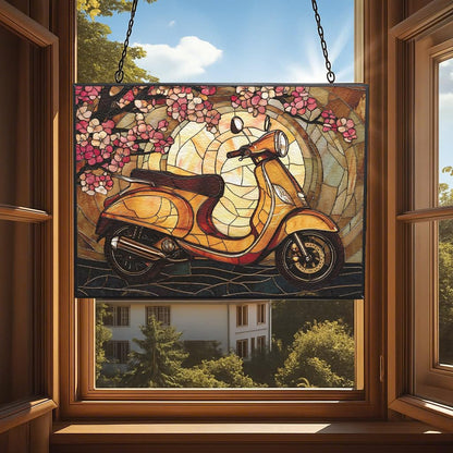 Customized Rectangle Art Nouveau Cherry Scooter Suncatcher Stained Glass Window Hangings Sun Catchers Colorful Ornament Gifts for Women Mom Wife Christmas Halloween Housewarming