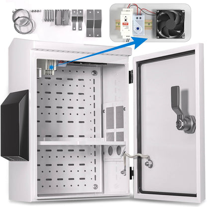 Outdoor Electrical Box with Thermostat and Fan, Cold-Rolled Steel Plate, Aluminum Alloy Back Beam, One-Piece Ventilation Design, IP65 Waterproof, Wall/Pole Mounted. (15.7" x 11.8" x 5.9")