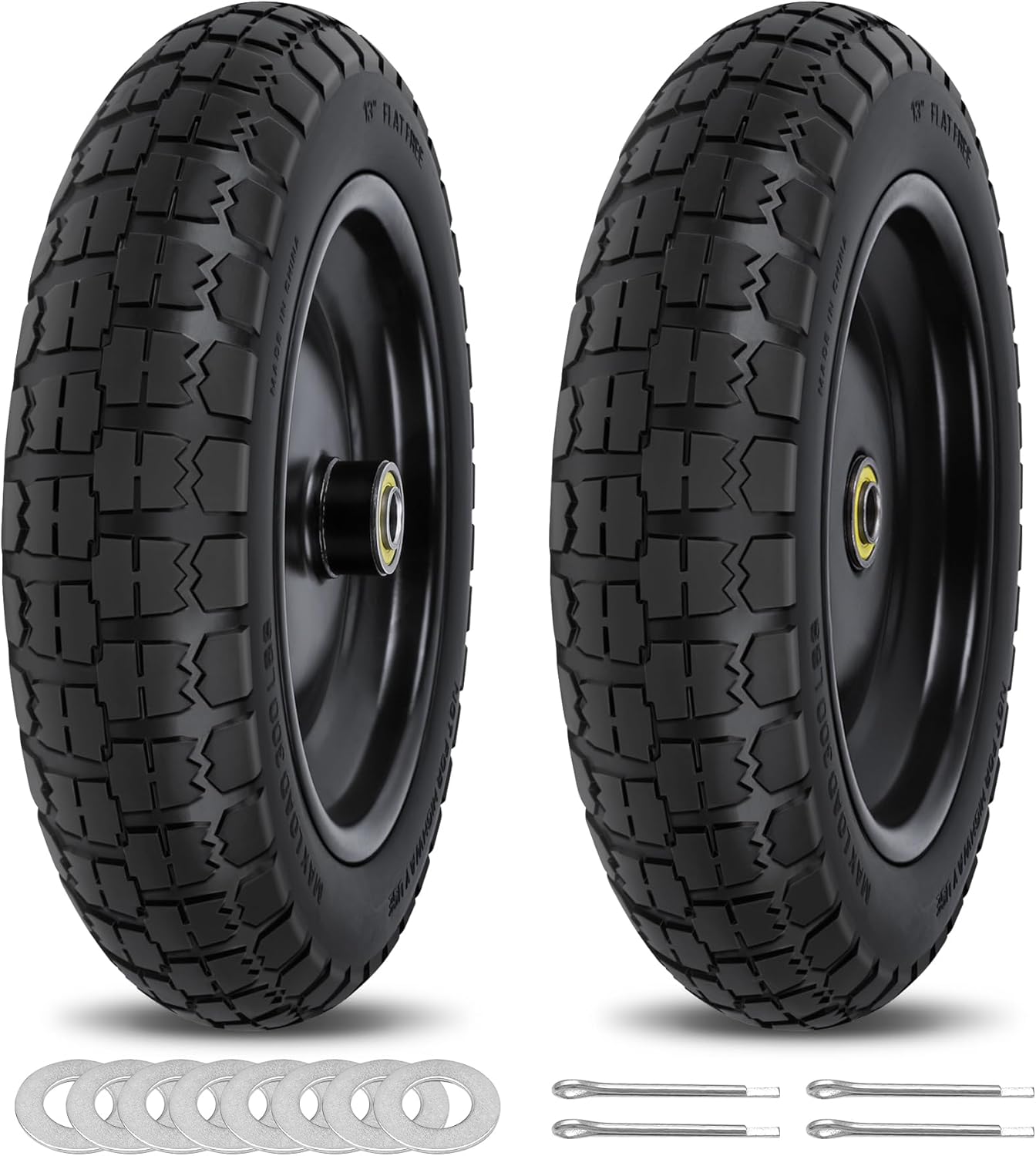 13 Inch Flat Free Wheels Tires 4.00-6 Solid Replacement with Universal 5/8" Axle Bore Hole, 8 Spacers and 4 Pins, for Wheelbarrow, Garden Wagon, Hand Truck, Trolley, Lawn Mower, 2 Pack