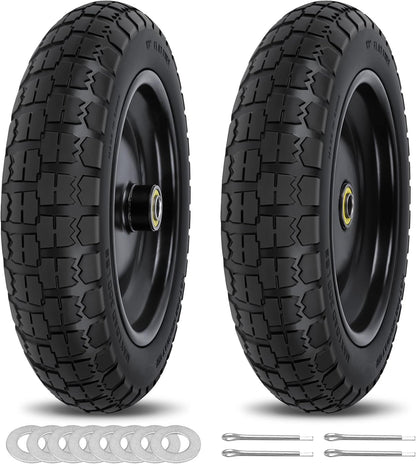 13 Inch Flat Free Wheels Tires 4.00-6 Solid Replacement with Universal 5/8" Axle Bore Hole, 8 Spacers and 4 Pins, for Wheelbarrow, Garden Wagon, Hand Truck, Trolley, Lawn Mower, 2 Pack